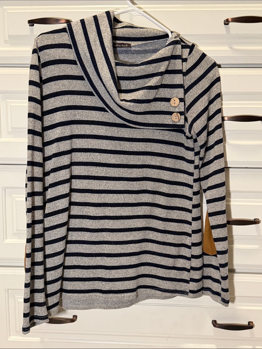 white birch Navy & Gray Striped Cowl-Neck Sweater with Button Detail